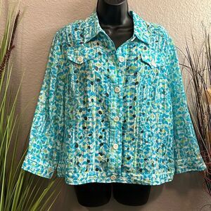 #131 Linear springtime, semi sheer, long sleeve button down jacket/top size L